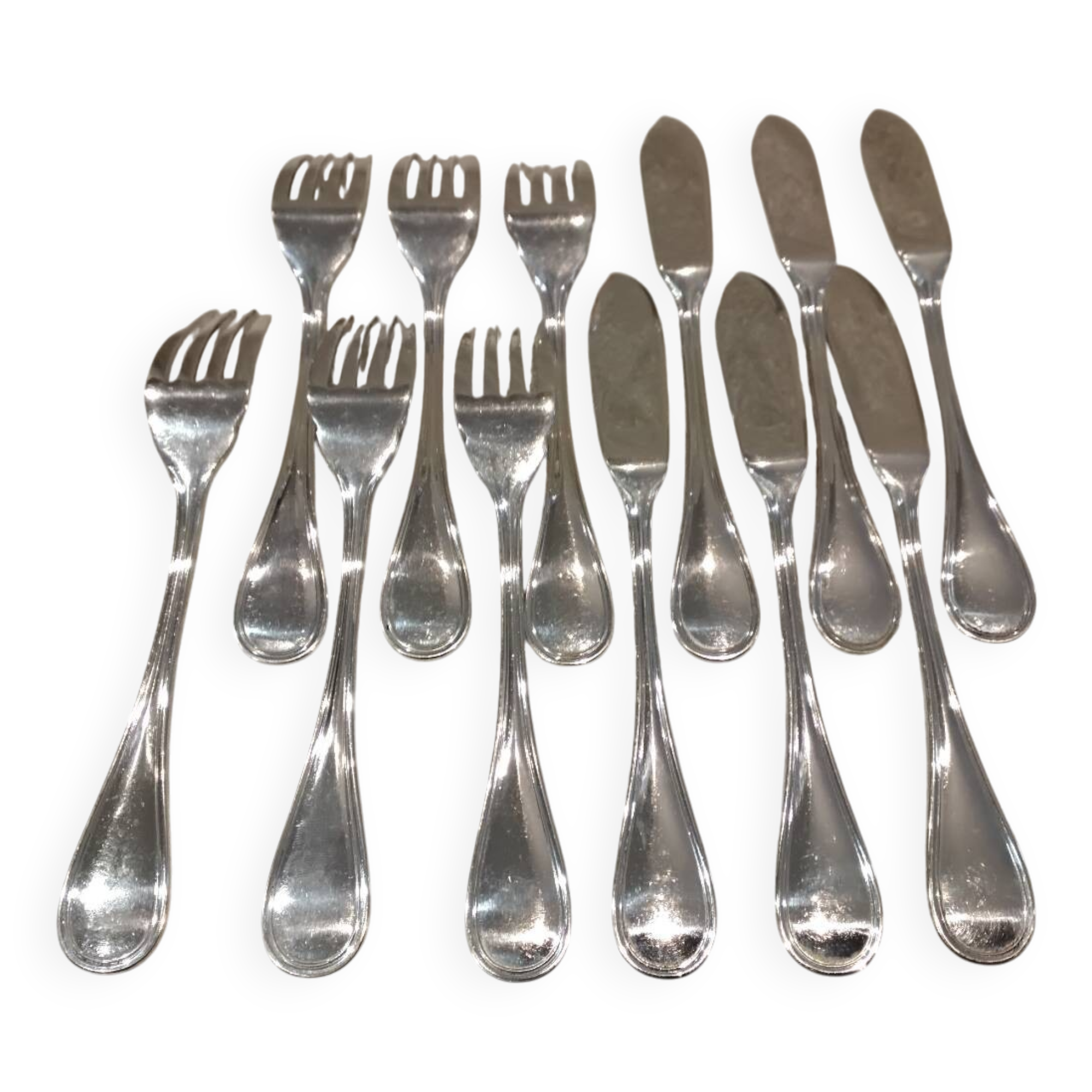 6 fish cutlery sets, 12 pieces, silver-plated metal, Christofle silversmith, Albi pattern