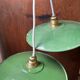 Set of two vintage green and white enamelled sheet metal lampshade pendants