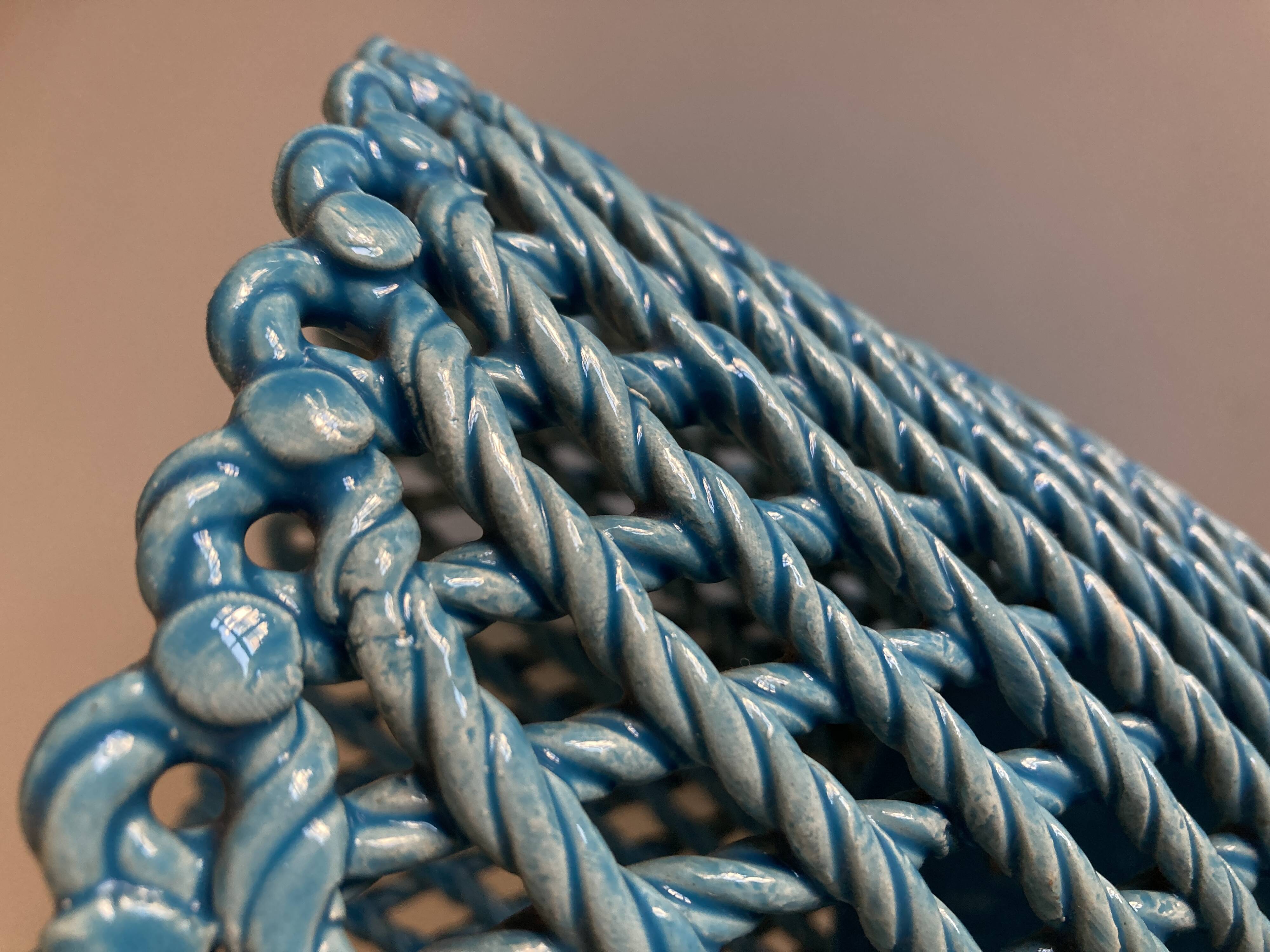 Turquoise woven ceramic cachepot, Italian work, 1960s