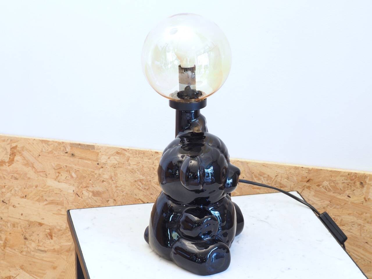 Ceramic bear lamp with vintage amber globe
