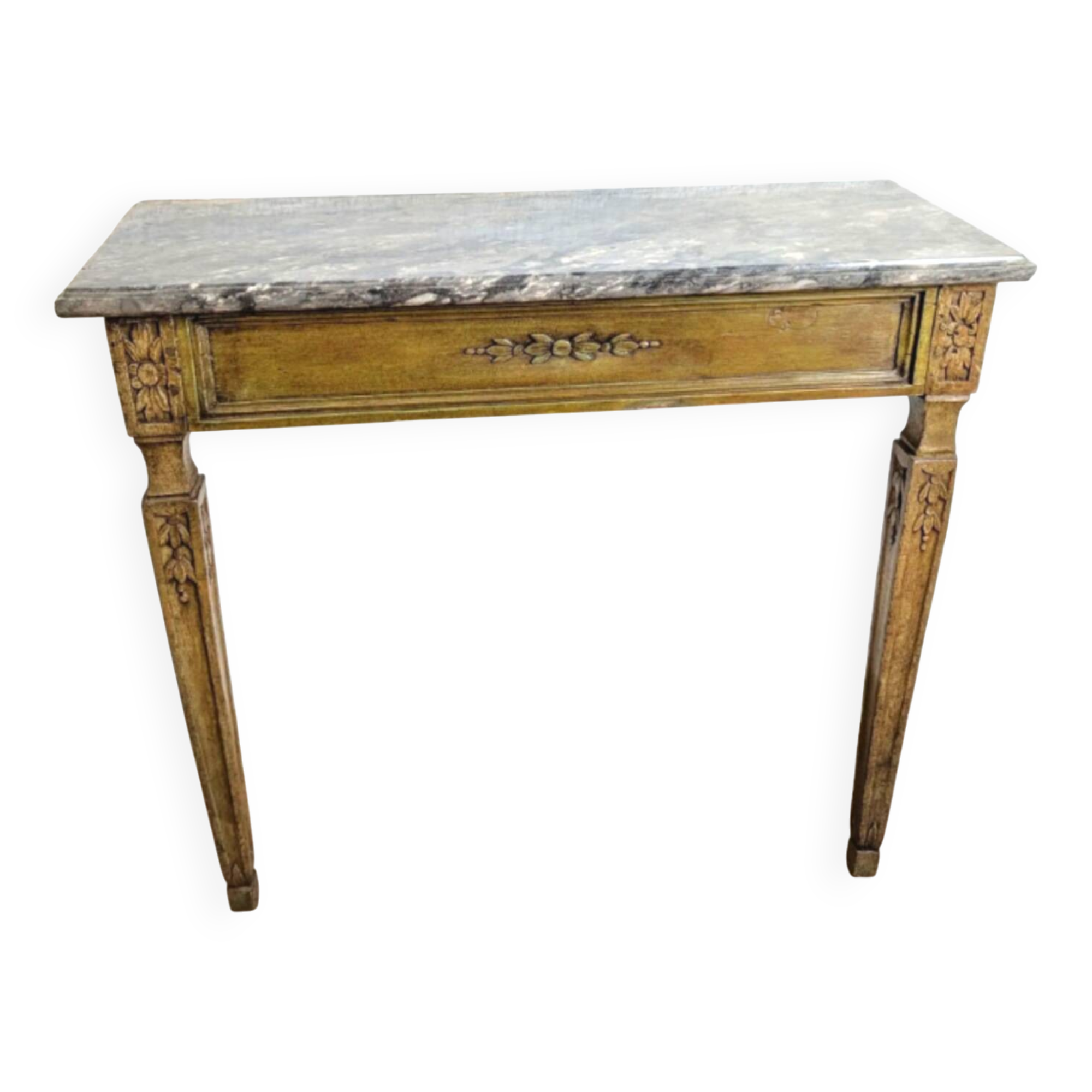 Louis XVI style lacquered wood console with marble top. Antique work