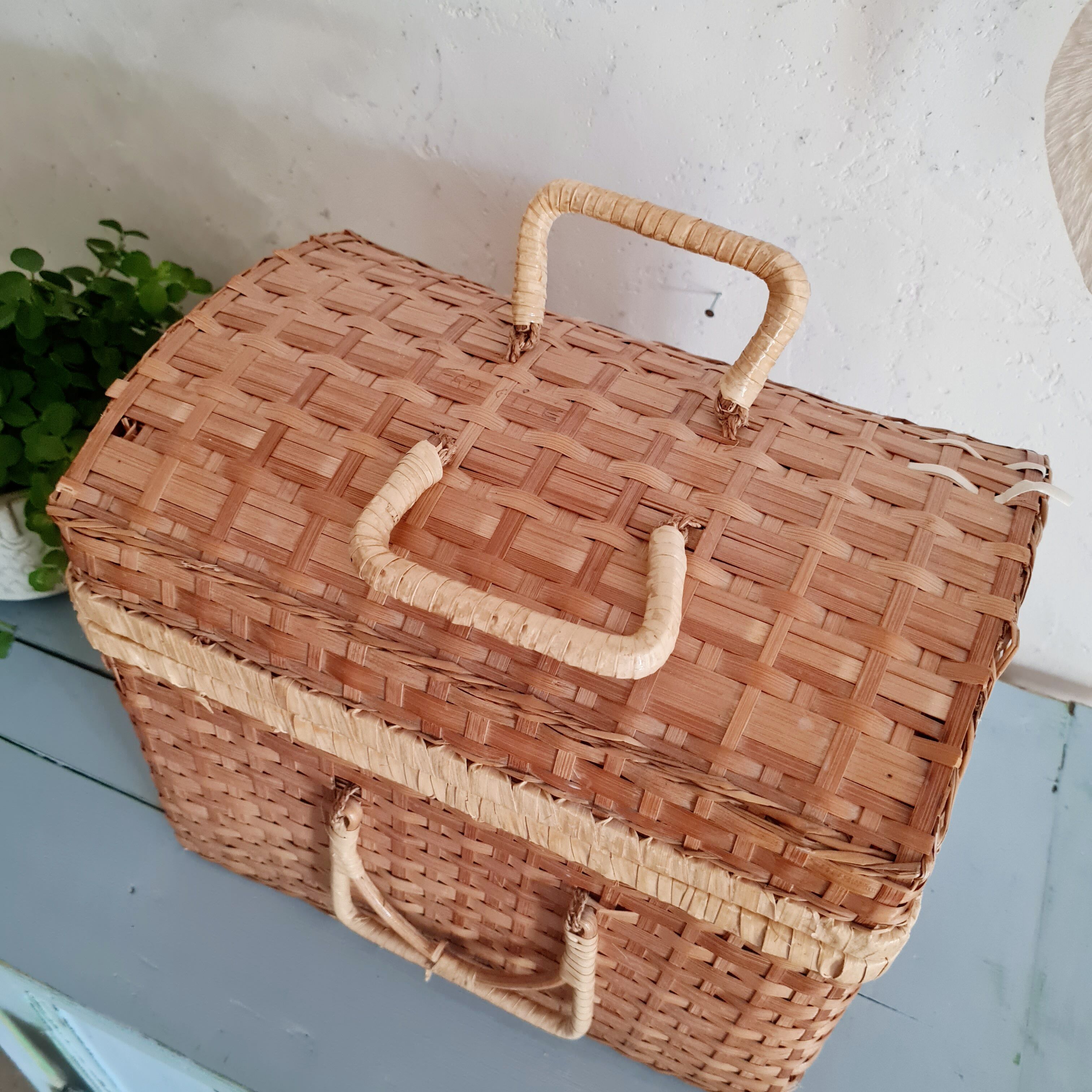 Small suitcase in vintage rattan trunk