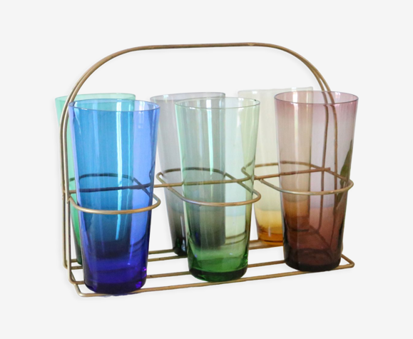Support à verre en métal et ses 6 verres, vintage, authentique, années 60