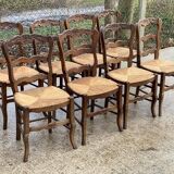 8 Louis XV chairs in solid oak and straw with shell sculptures