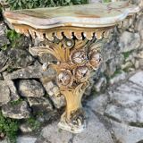 Venetian console in polychrome ceramic with its triptych mirror, 19th century period