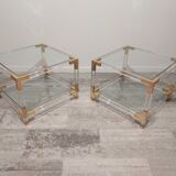 Set de 2 tables basses en verre acrylique et laiton, années 1970