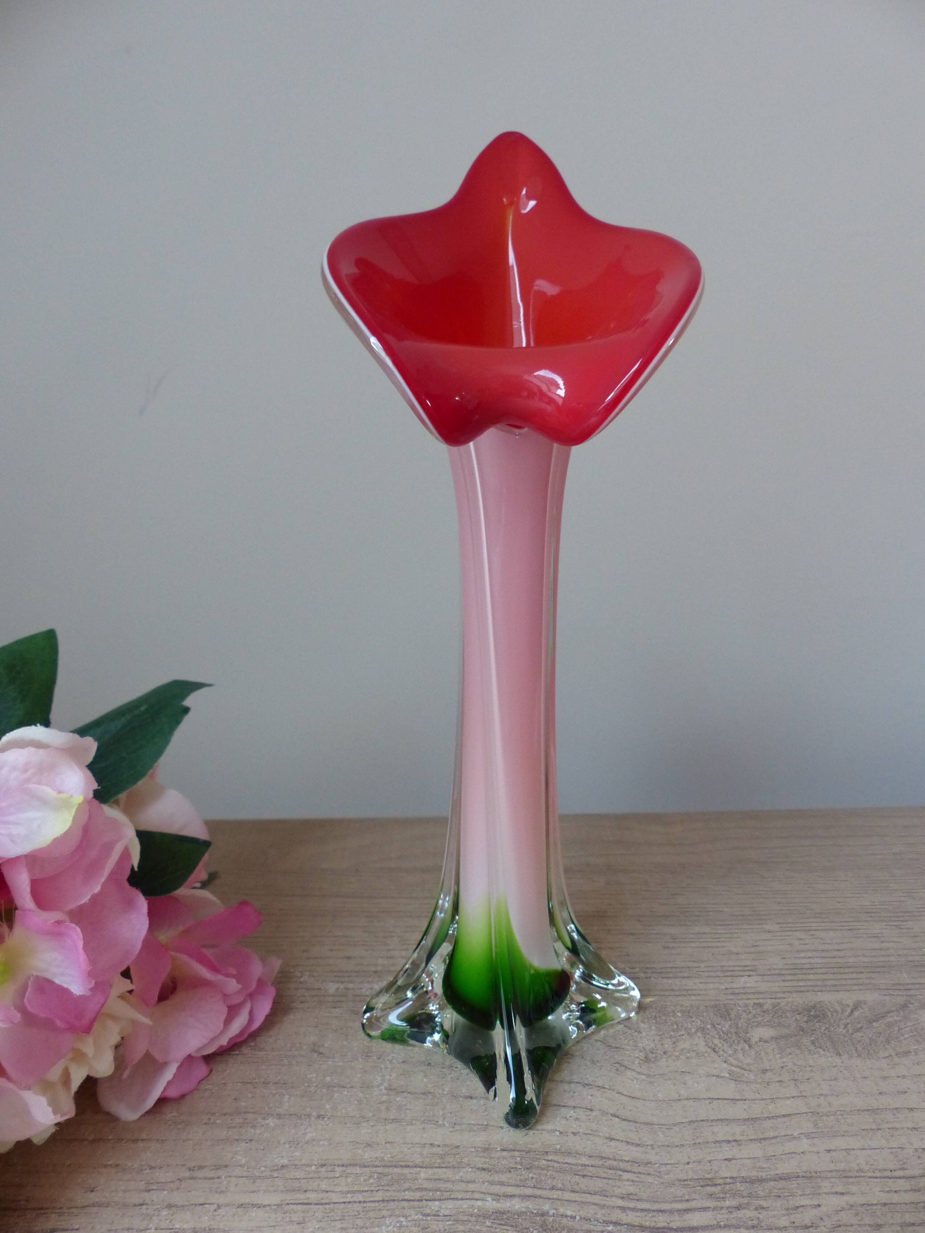 Vintage coloured blown glass vase in the shape of a calla lily.