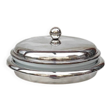 Plat de service couvert en métal argenté et porcelaine Ginori, Italie années 50-60