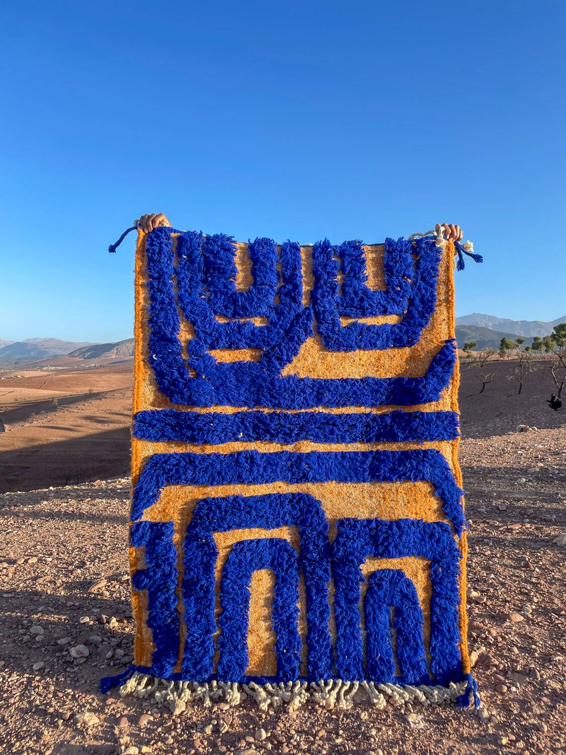 Klein blue and modern mustard yellow Berber rug