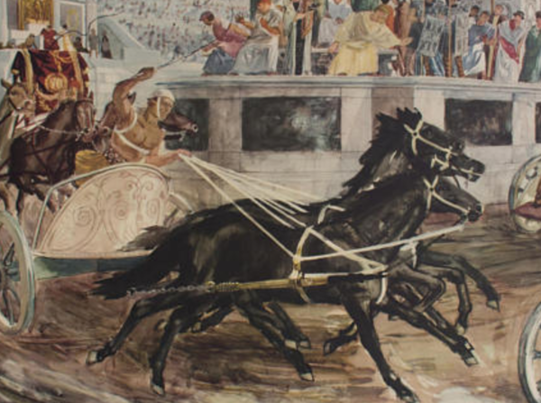 Affiche ''Courses de chevaux dans l’antiquité''  publié par Esselte Stockholm 1949