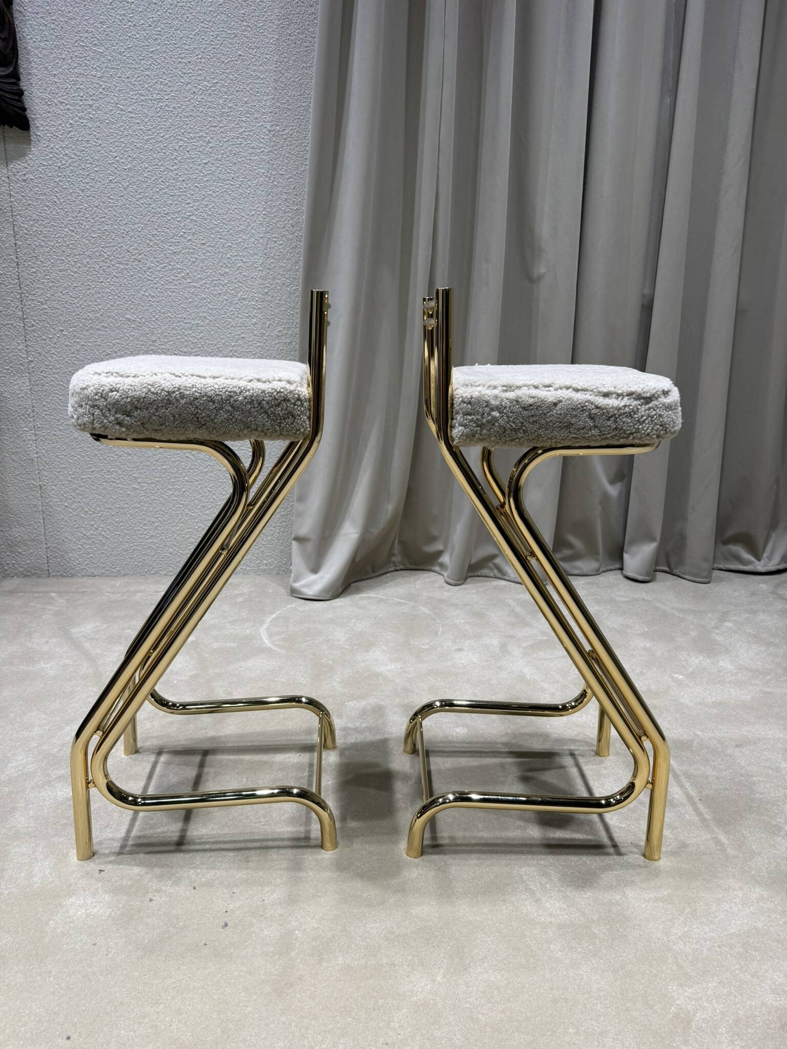 Mid-Century Modern Z Frame Bar Stools in Gold and Natural Shearling - Pair