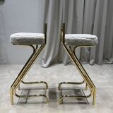 Mid-Century Modern Z Frame Bar Stools in Gold and Natural Shearling - Pair