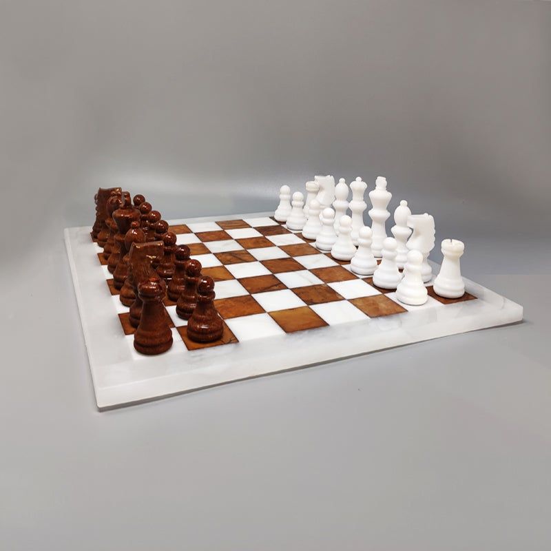 1970s Brown and White Chess Set in Volterra Alabaster Handmade Made in Italy