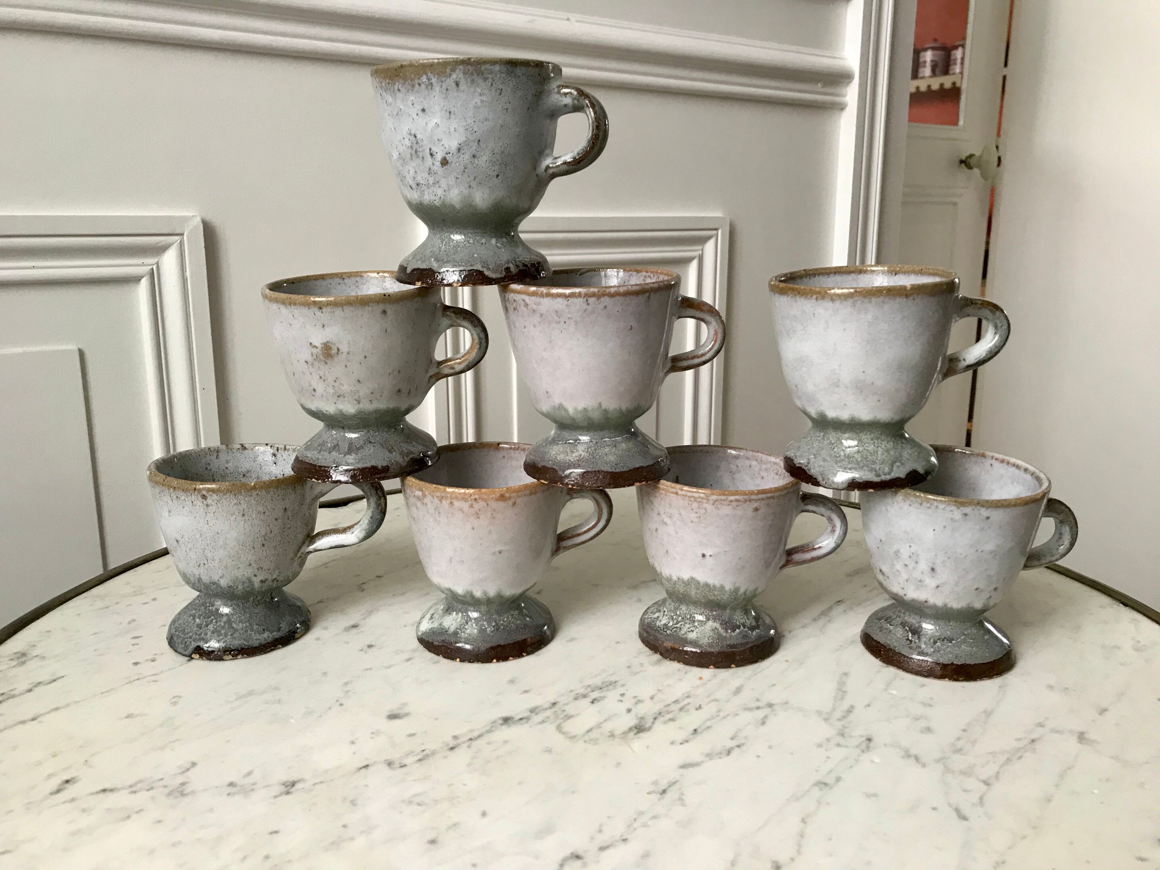 Set of 8 coffee cups, stoneware mazagrans handcrafted signed 70s