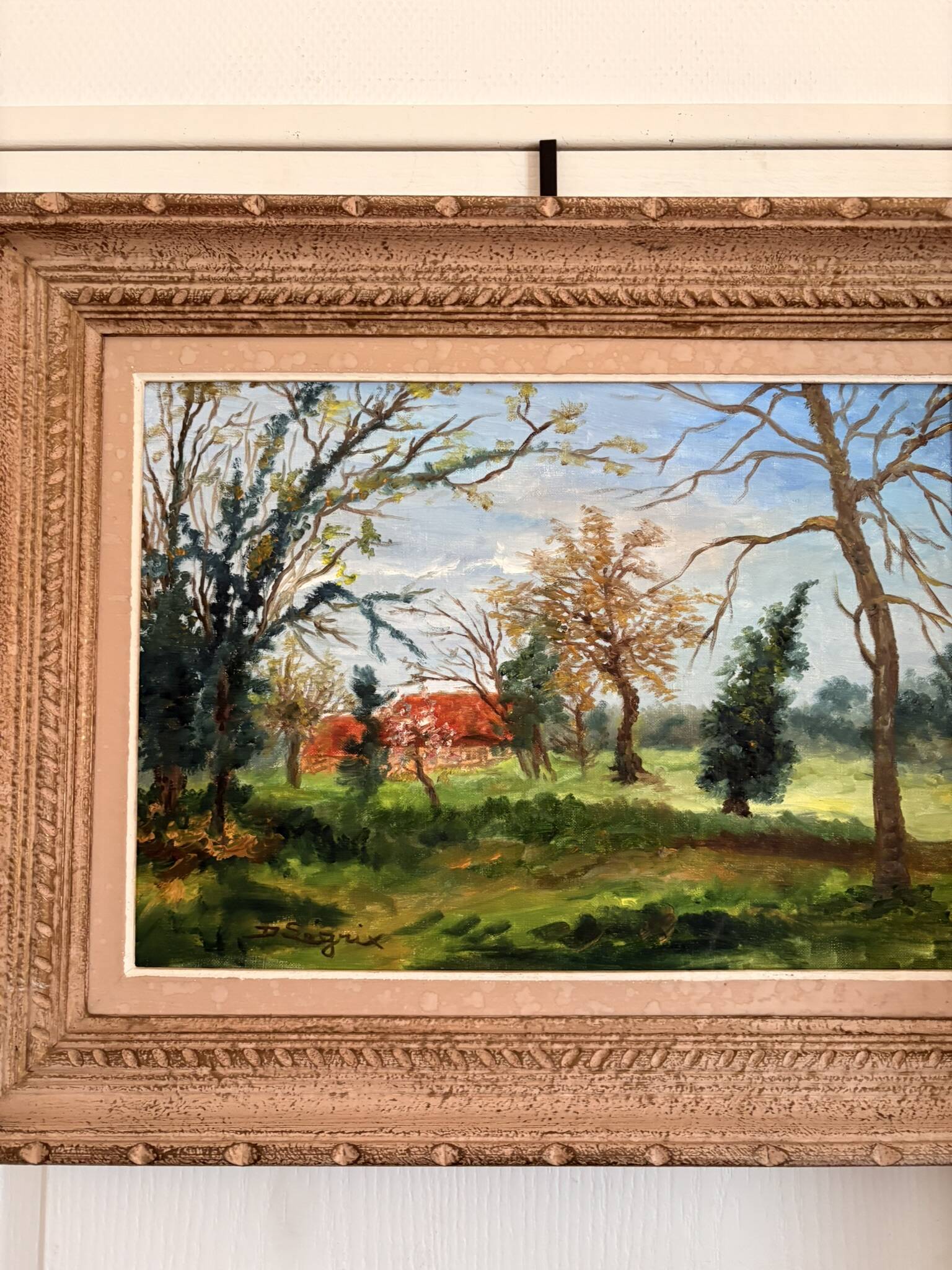 Old painting Oil on canvas Countryside Landscape House Garden Tree N