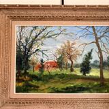 Old painting Oil on canvas Countryside Landscape House Garden Tree N