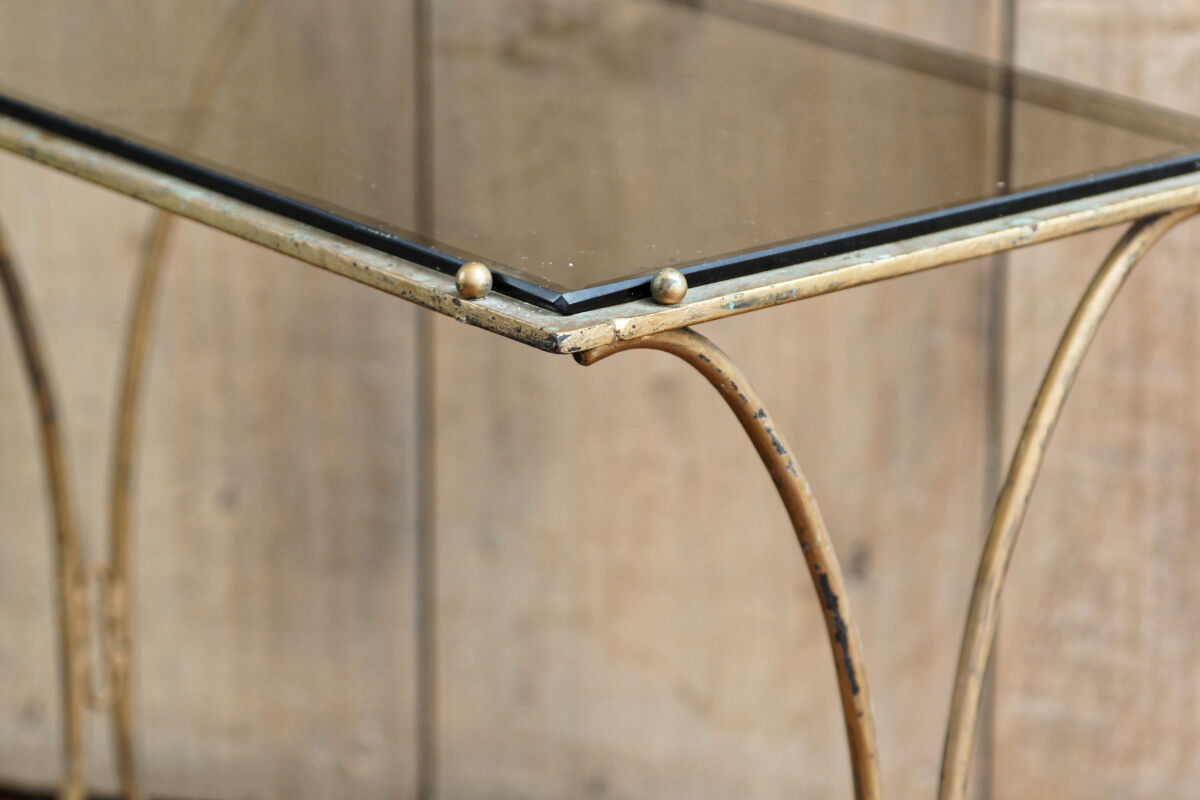 Sofa end, coffee table, wrought iron and glass