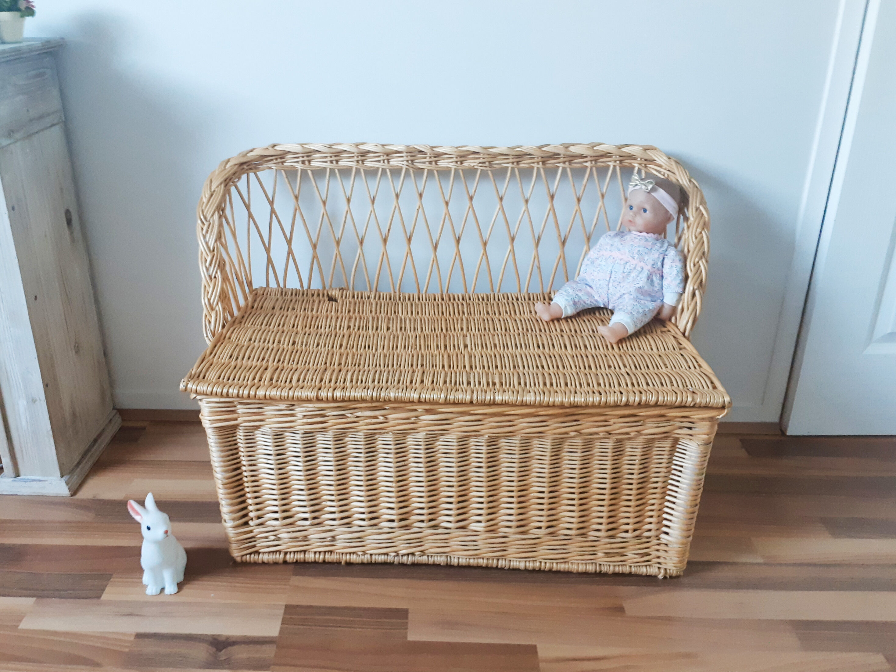 Antique rattan toy chest, wicker, bench