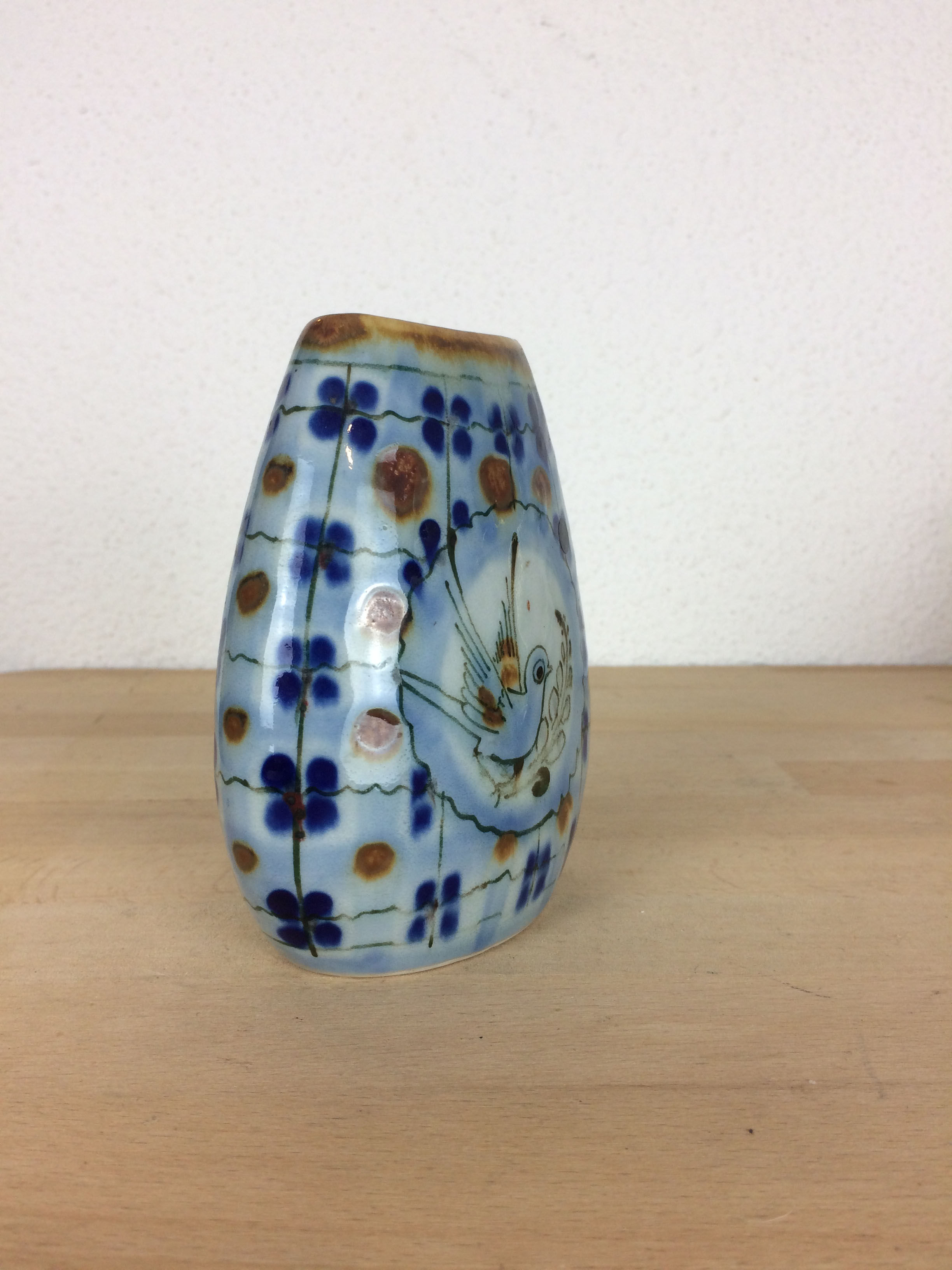 Vintage blue ceramic vase, bird decor