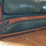 Sofa 3 seater green leather & wood