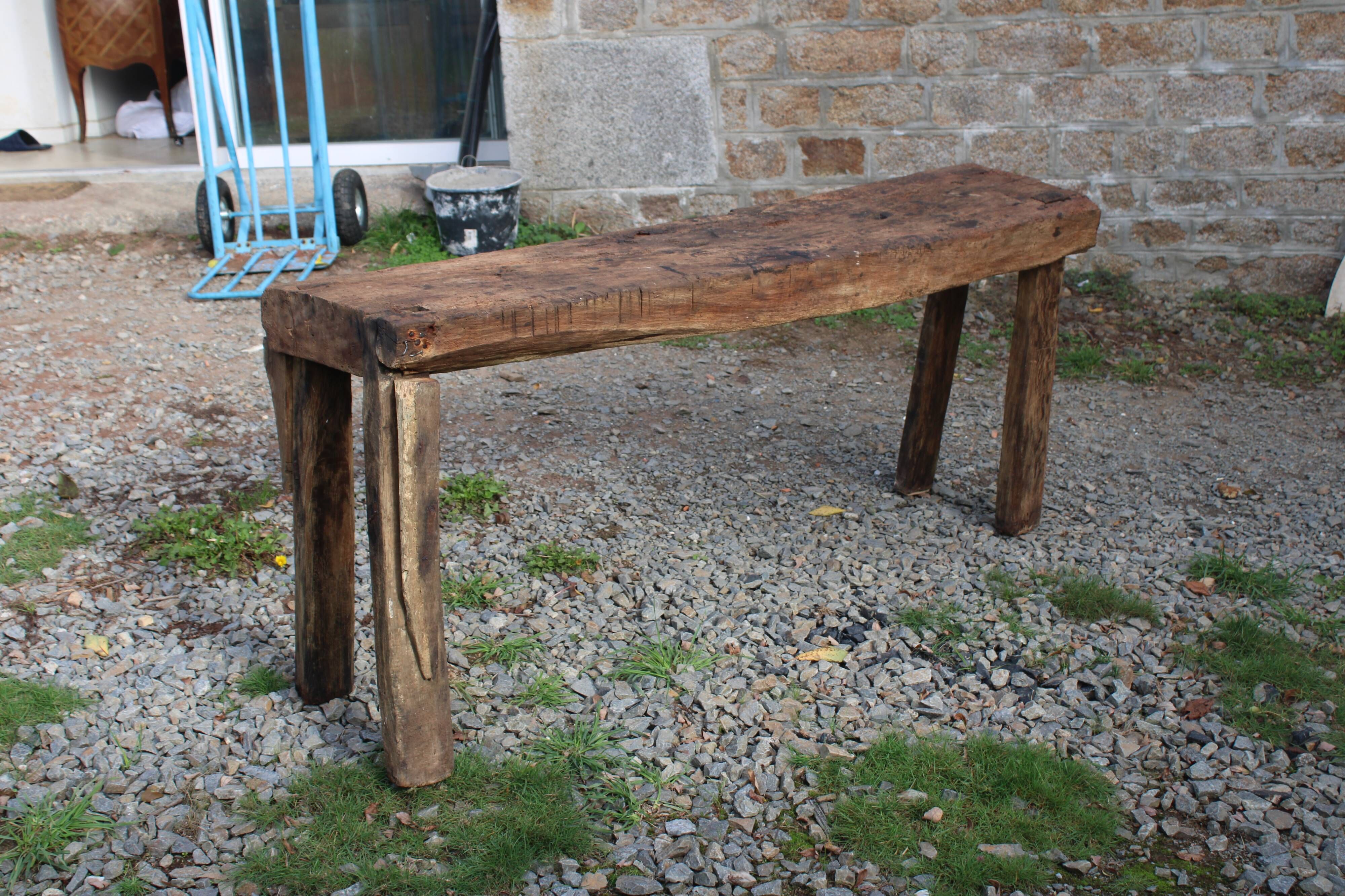 Old solid wood workbench – character console, thick top – 165 cm