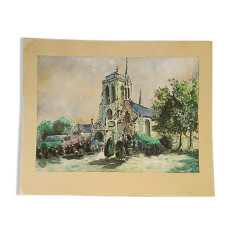 Gouache Breton market place de l'églis signed Raoul