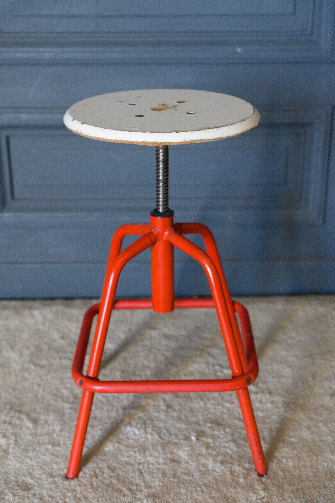 Screw stool red ironwork 1960 wooden seat