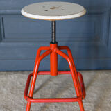 Screw stool red ironwork 1960 wooden seat