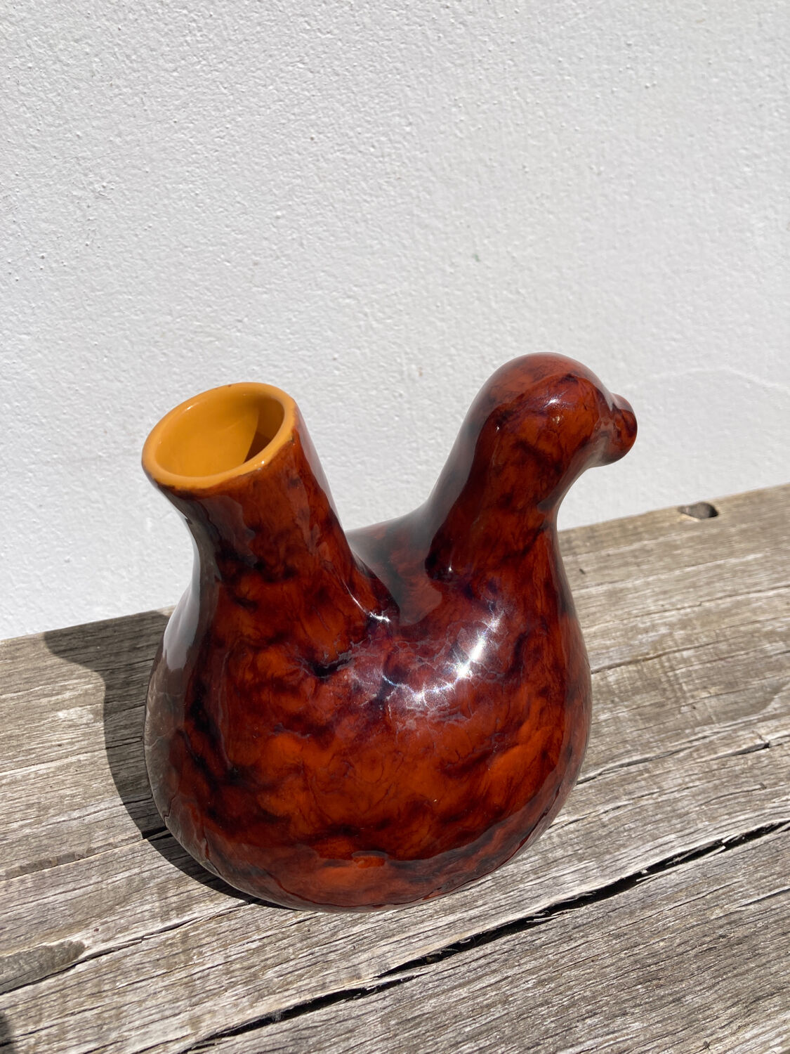 Zoomorphic pitcher bird / hen 1970 glazed ceramic brown and yellow