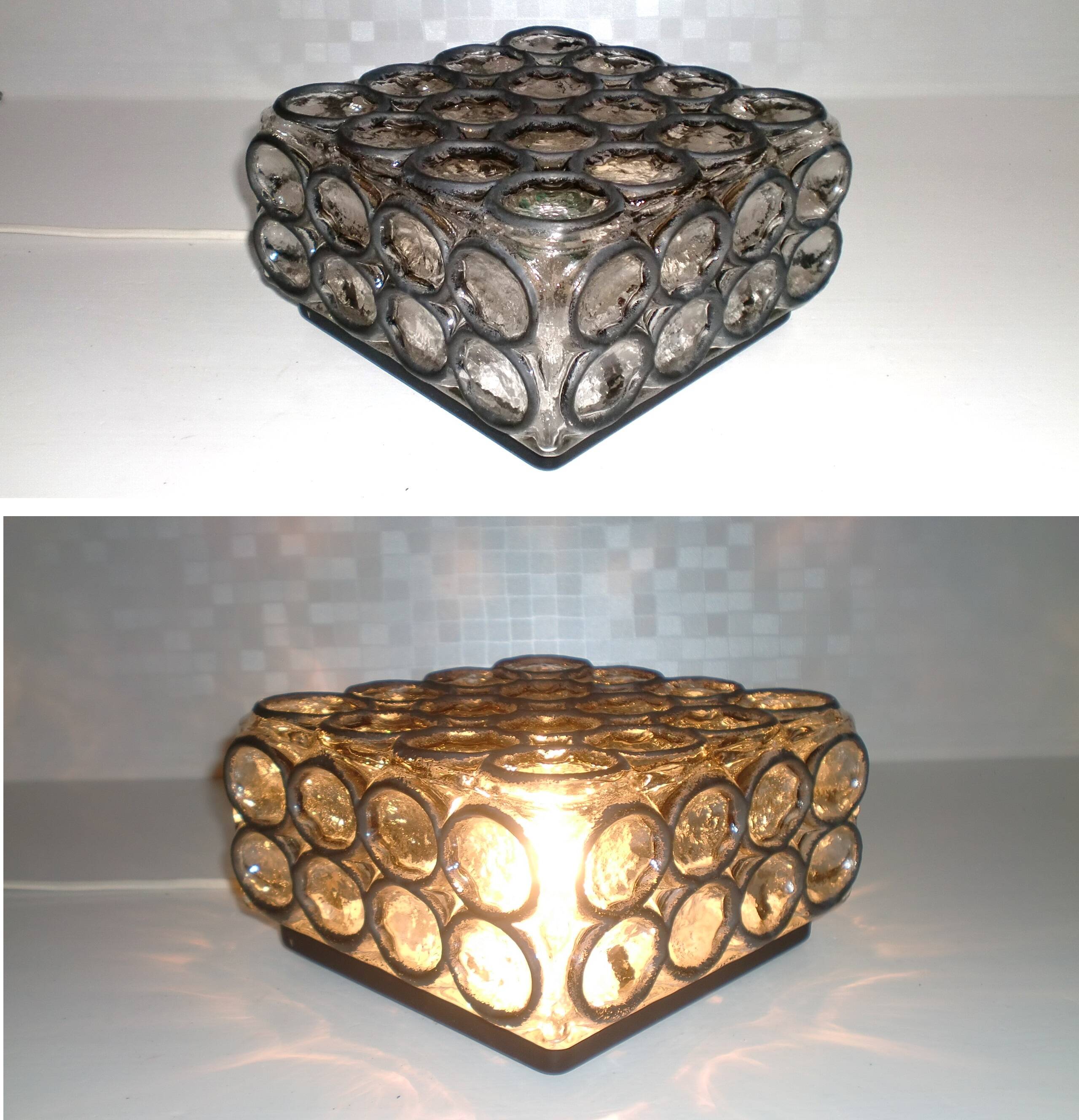 19x19cm  iron-ring glass ceiling lamp by Limburg Glashütte Germany 1960s