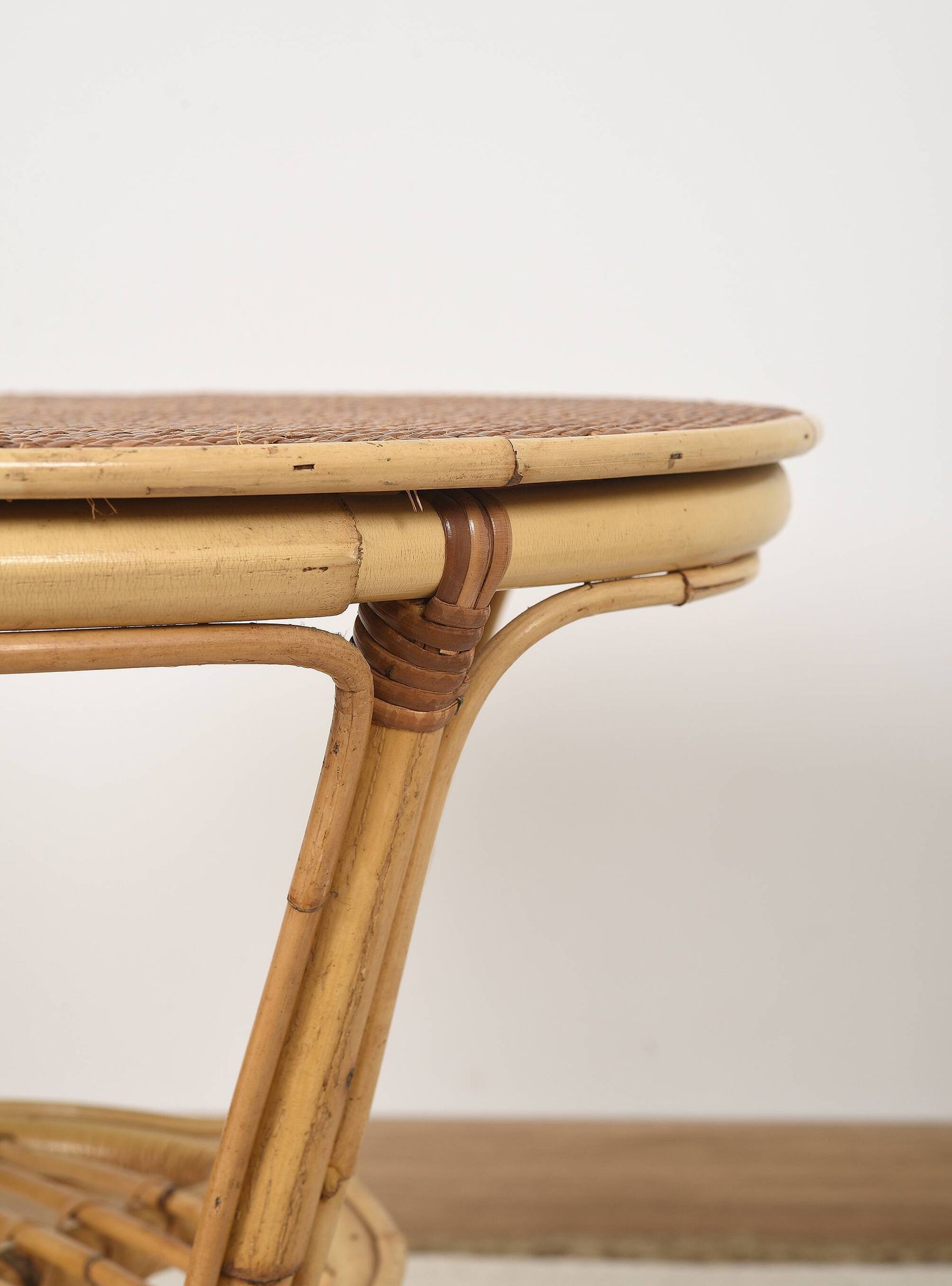 Old round rattan table, vintage from the 70s - 80s. Small table, or side table.