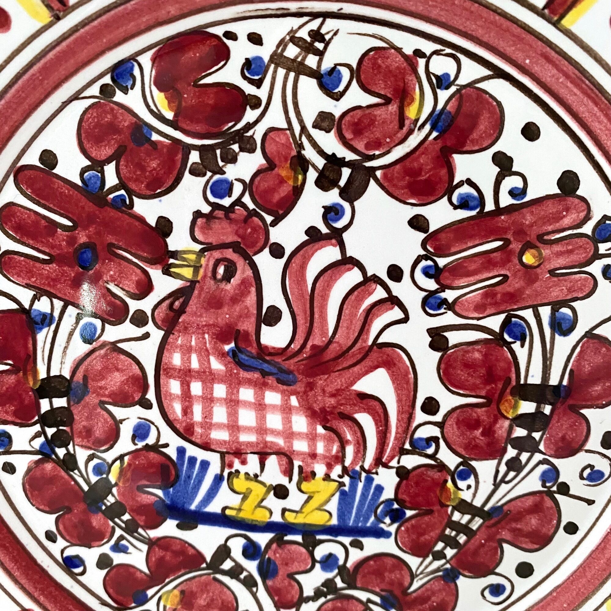 Wall plate by Deruta Etrusca, red rooster, Italian Majolica Pottery handpainted