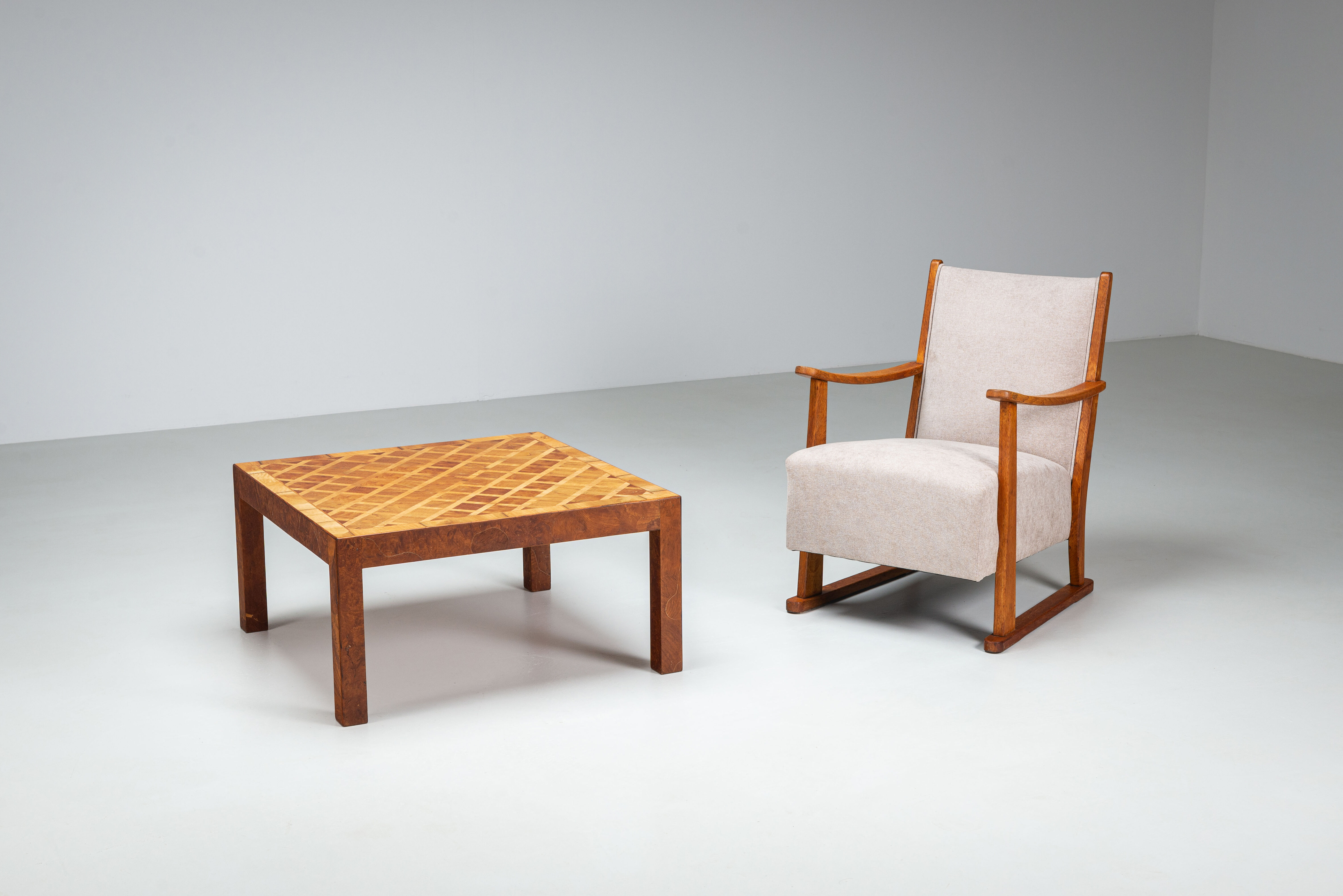 Square Italian coffee table with burl wood and inlaid parquetry top
