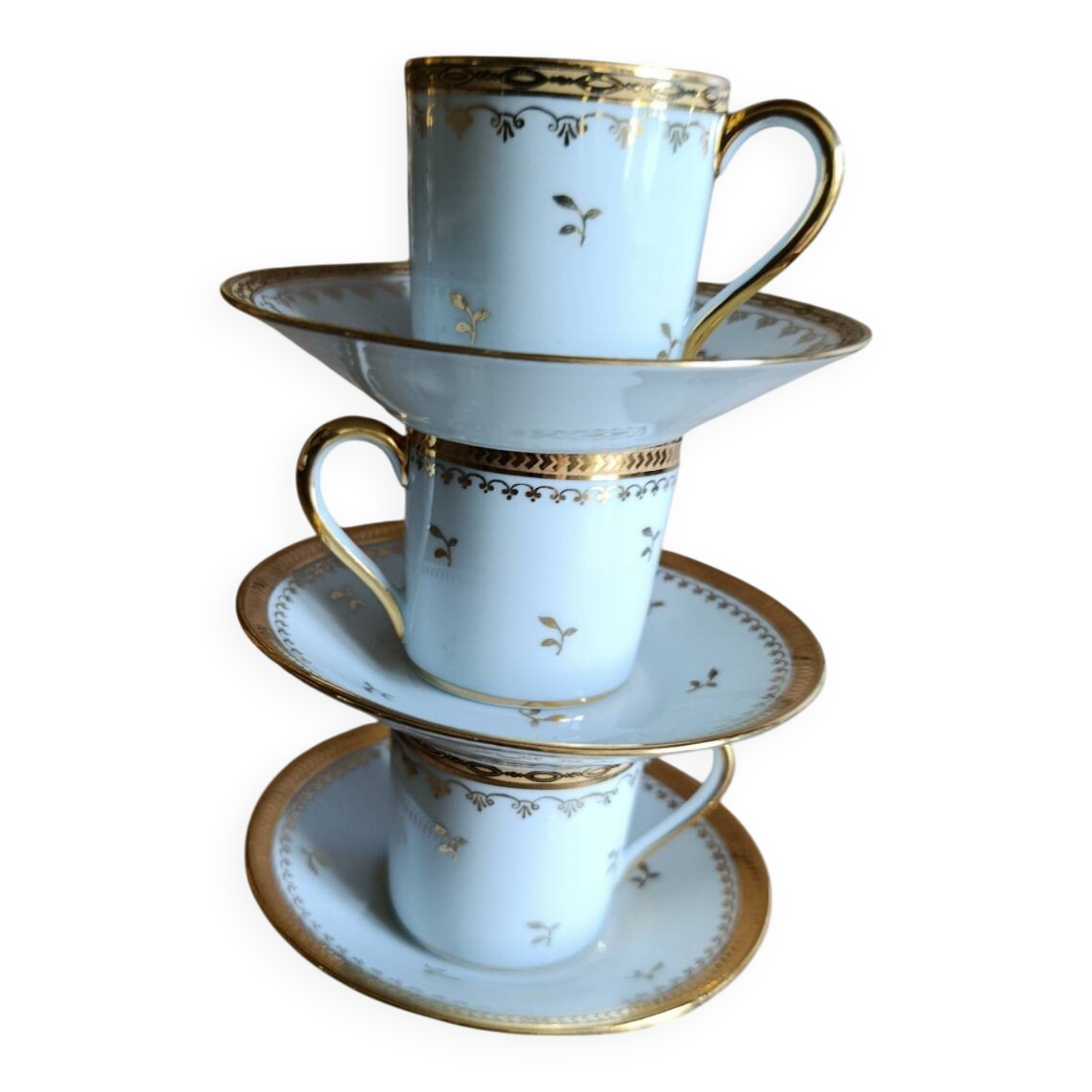 3 litre cups and saucers Empire gilded porcelain, Limoges 1950