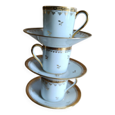 3 litre cups and saucers Empire gilded porcelain, Limoges 1950