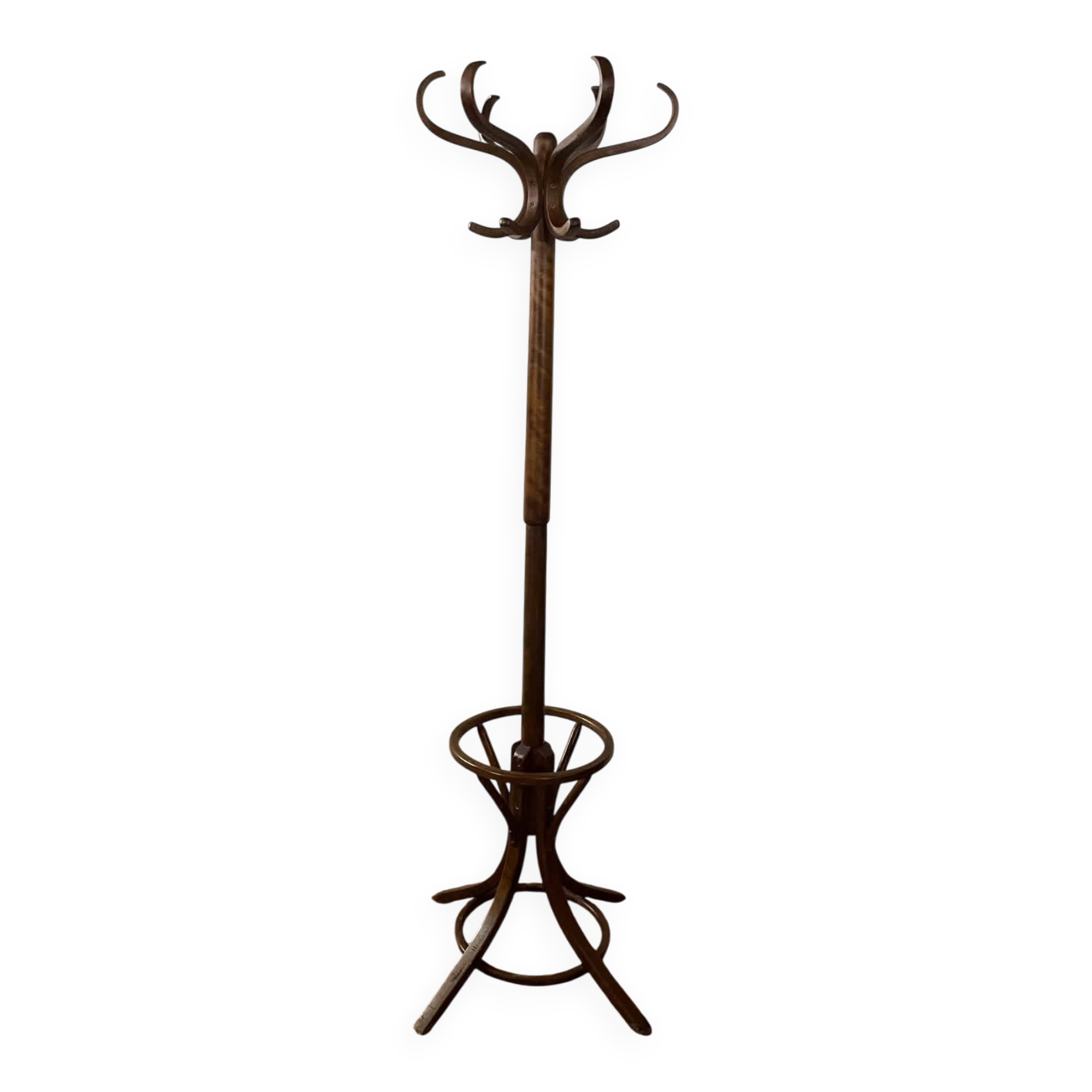 Antique curved wooden coat rack with umbrella stand.