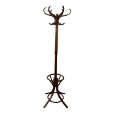 Porte-manteau perroquet ancien en bois courbé avec porte-parapluies