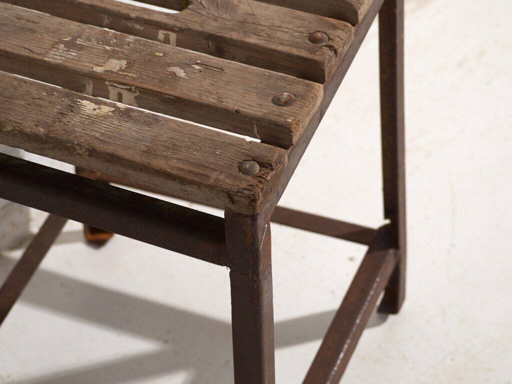 Vintage industrial stool made of pine wood and iron – Central Europe, around 1950