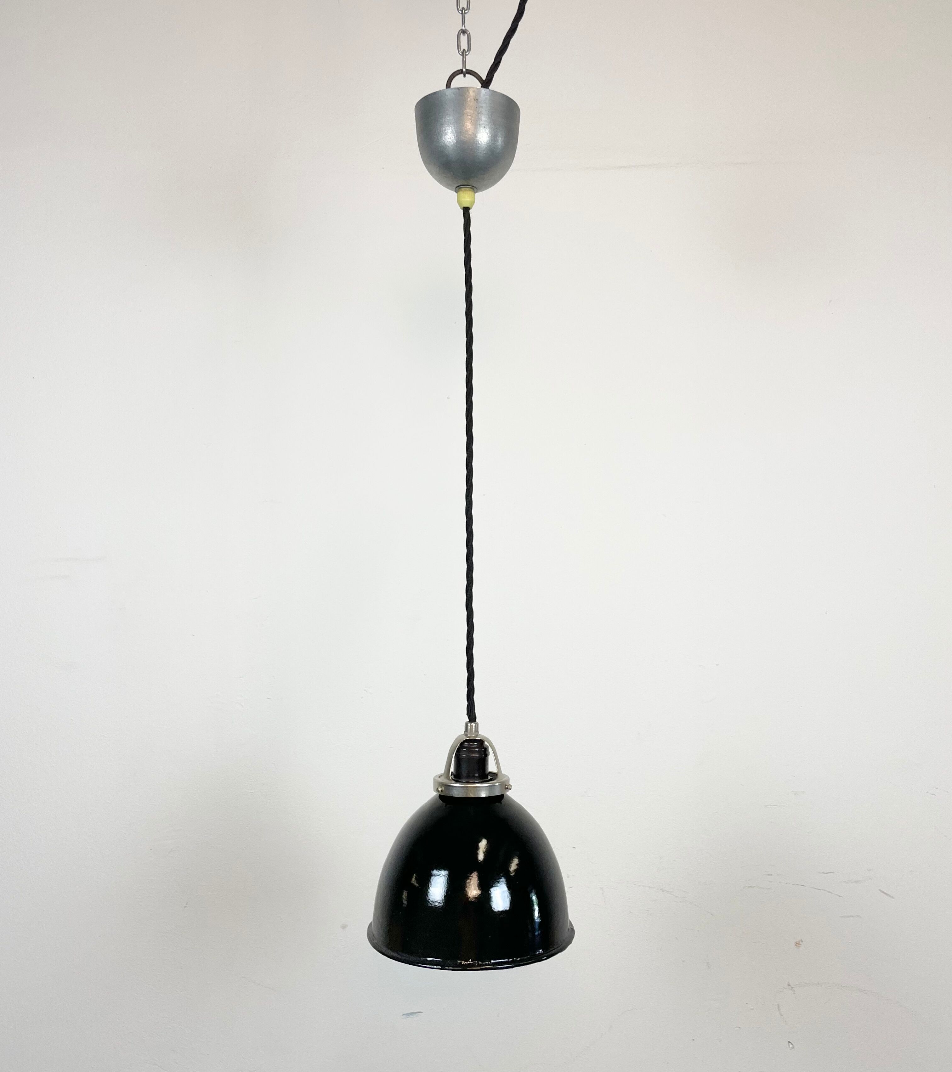 Industrial black enamel pendant lamp, 1950s