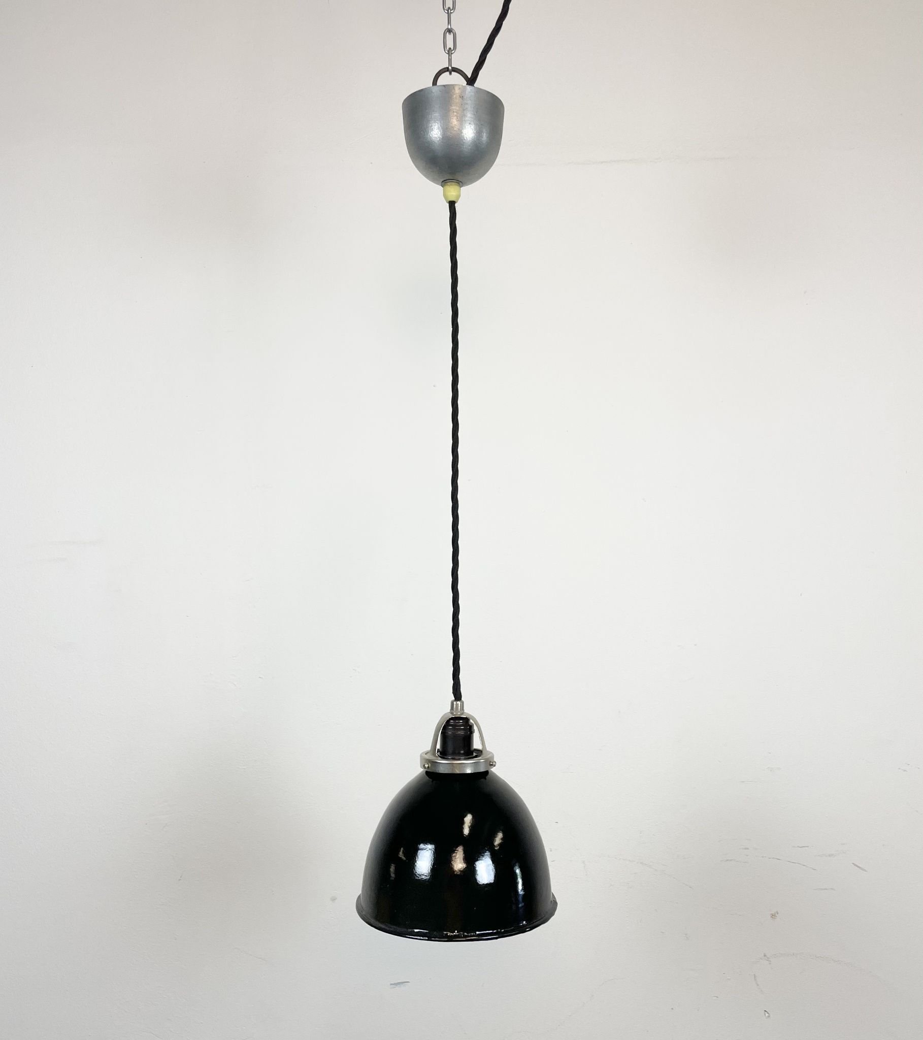 Industrial black enamel pendant lamp, 1950s