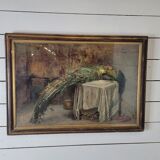 Ancien tableau nature morte faisan peinture sur toile signée