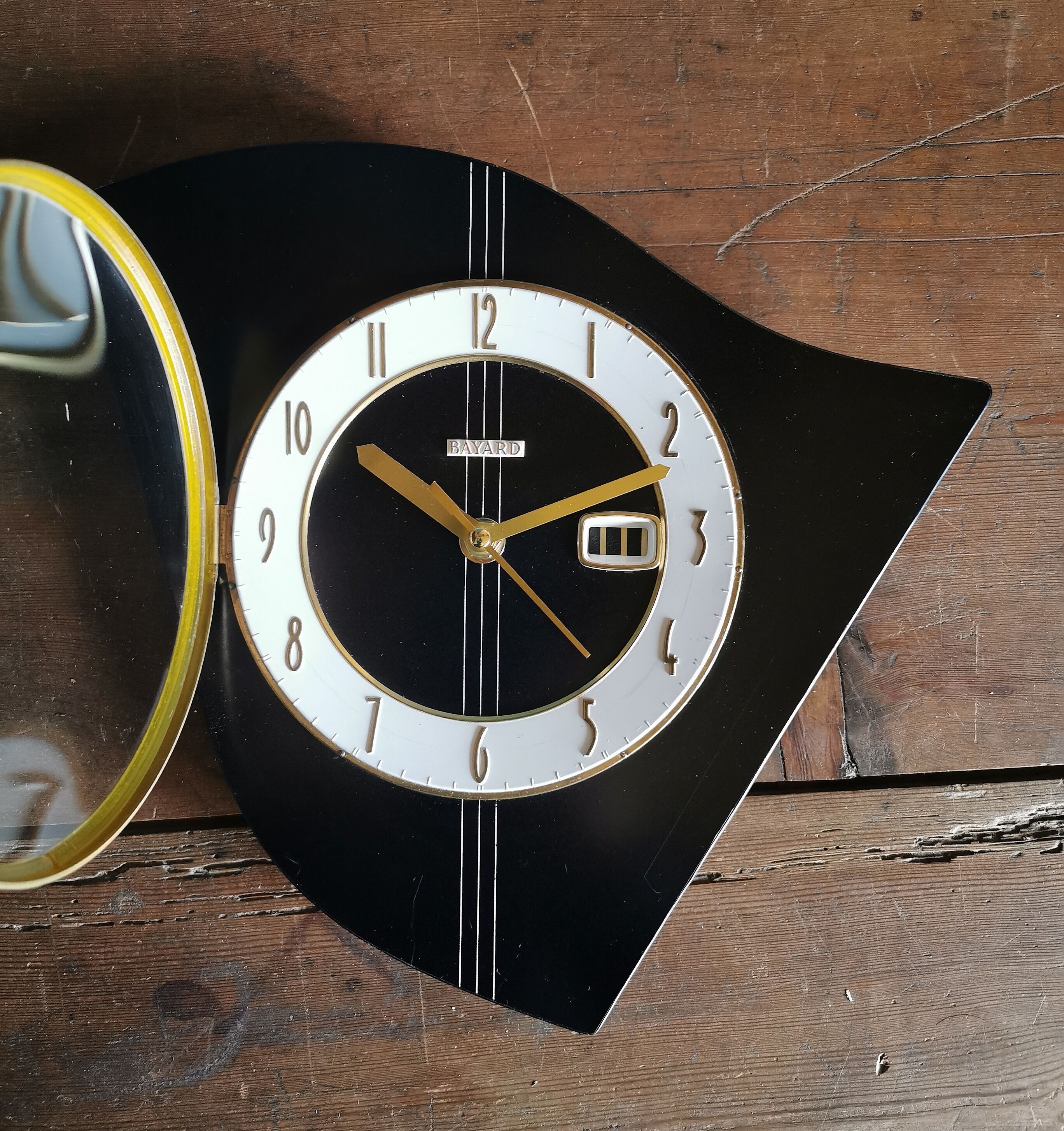 Vintage formica clock asymmetrical silent wall clock "Bayard black white lines"