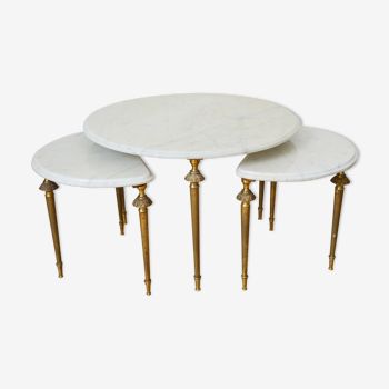 Ensemble de 3 tables gigognes marbre laiton années 60