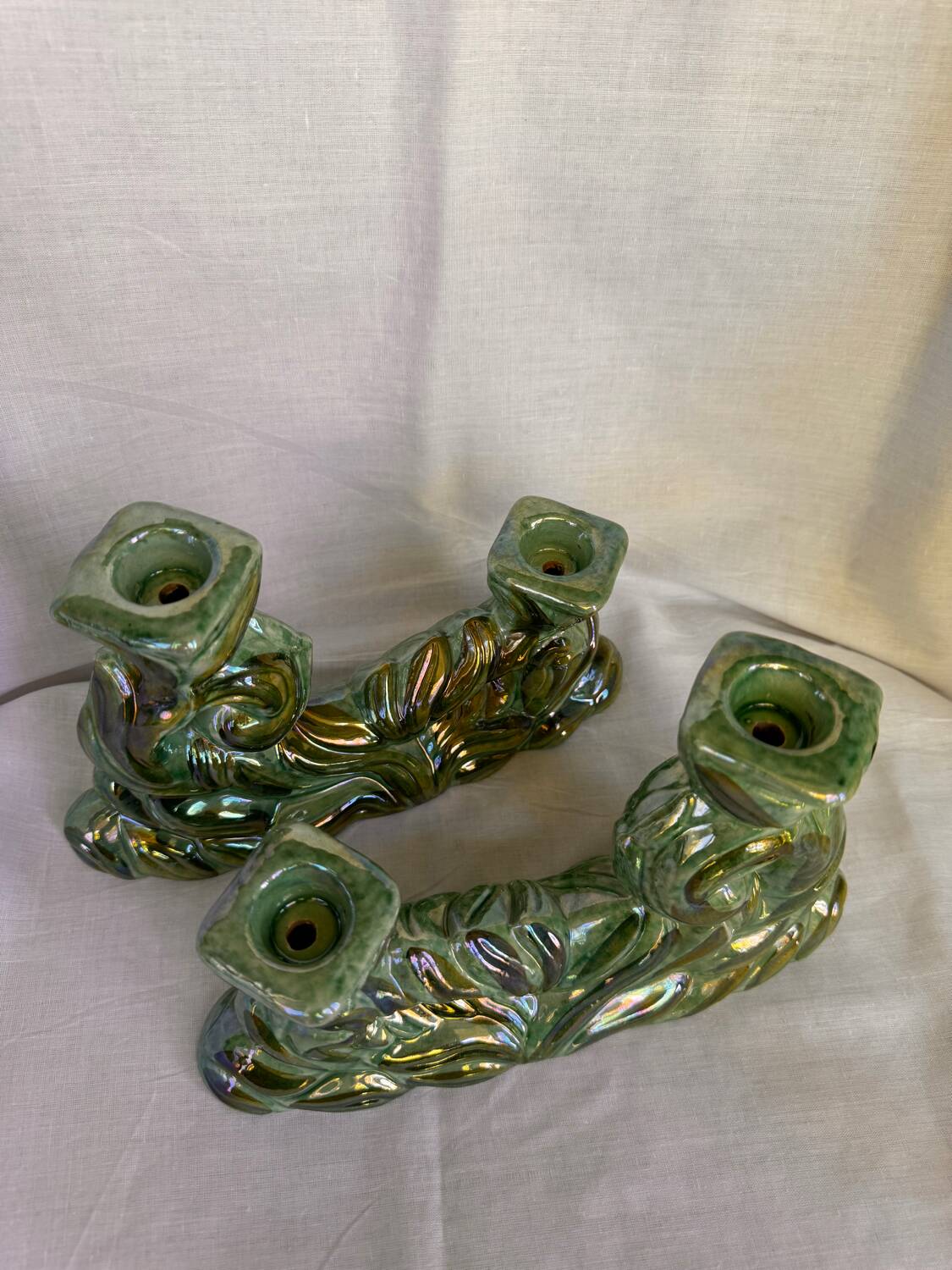 Lot de 2 bougeoirs doubles en céramique années 1930 Hubert Bequet