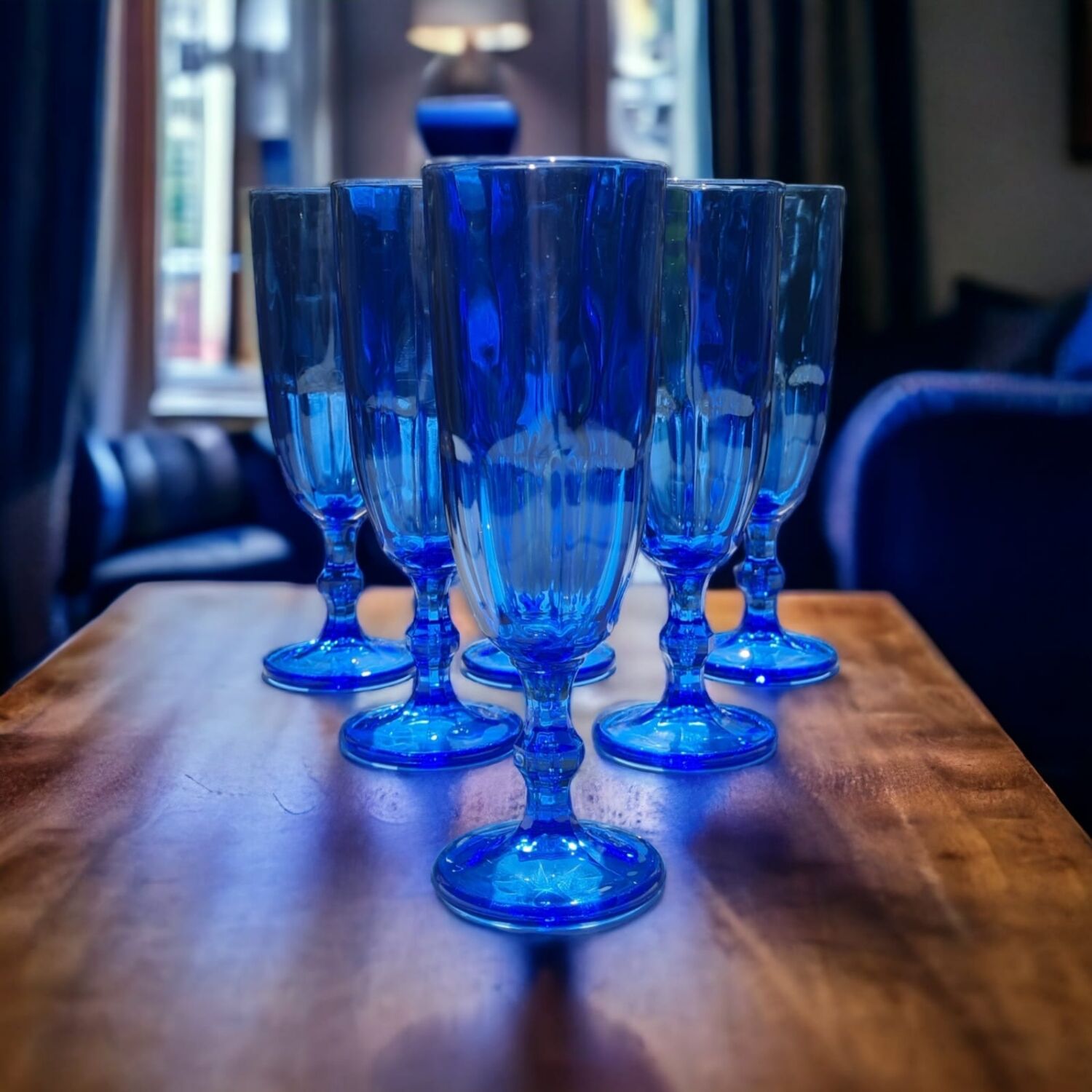 6 cobalt crystal blue champagne flutes