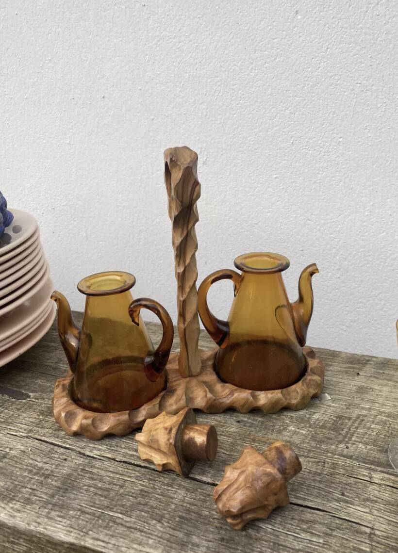 70's vinegar cruet in wood and glass