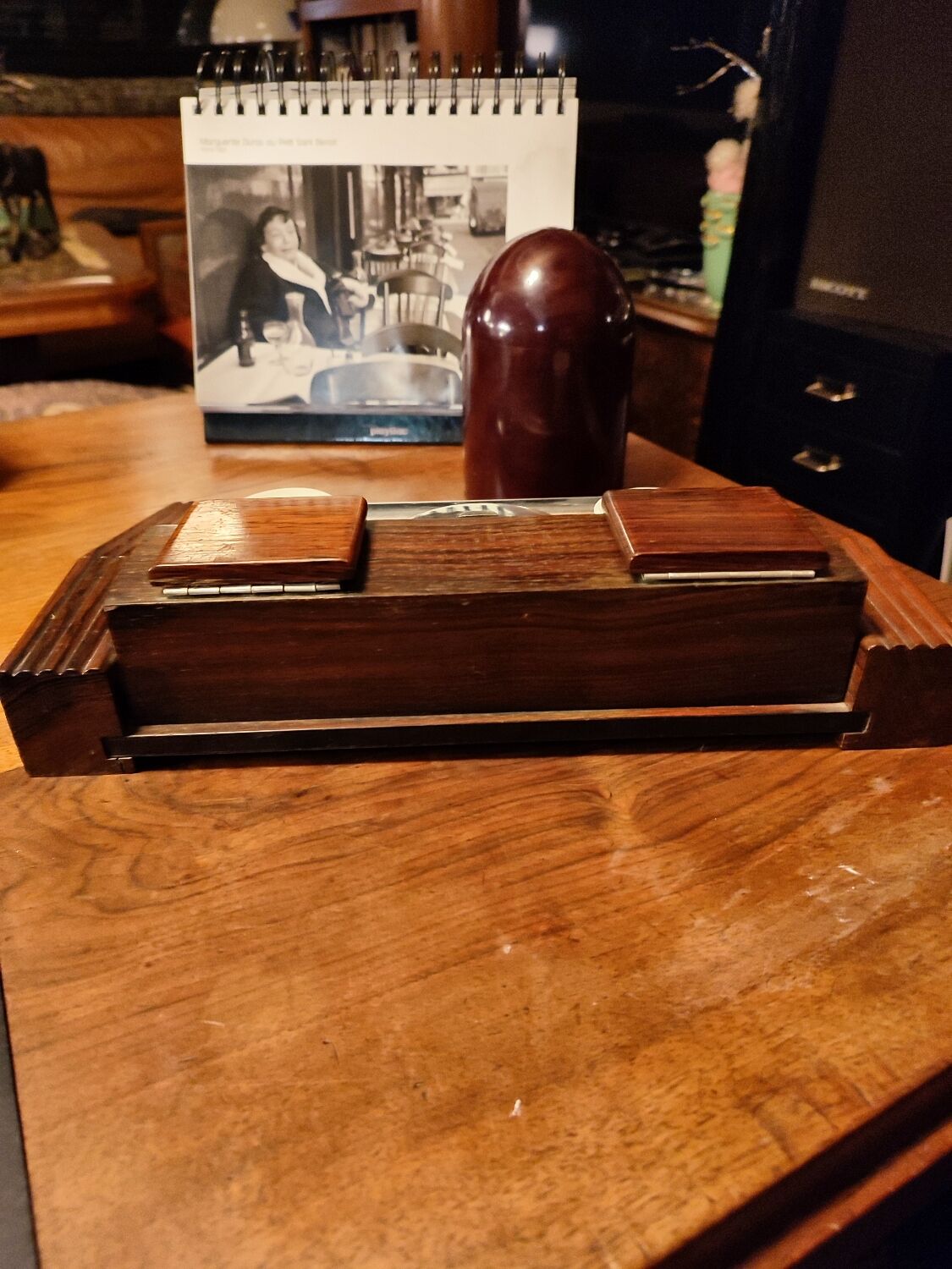Wood inkwell and zinc complete with porcelain inkwells