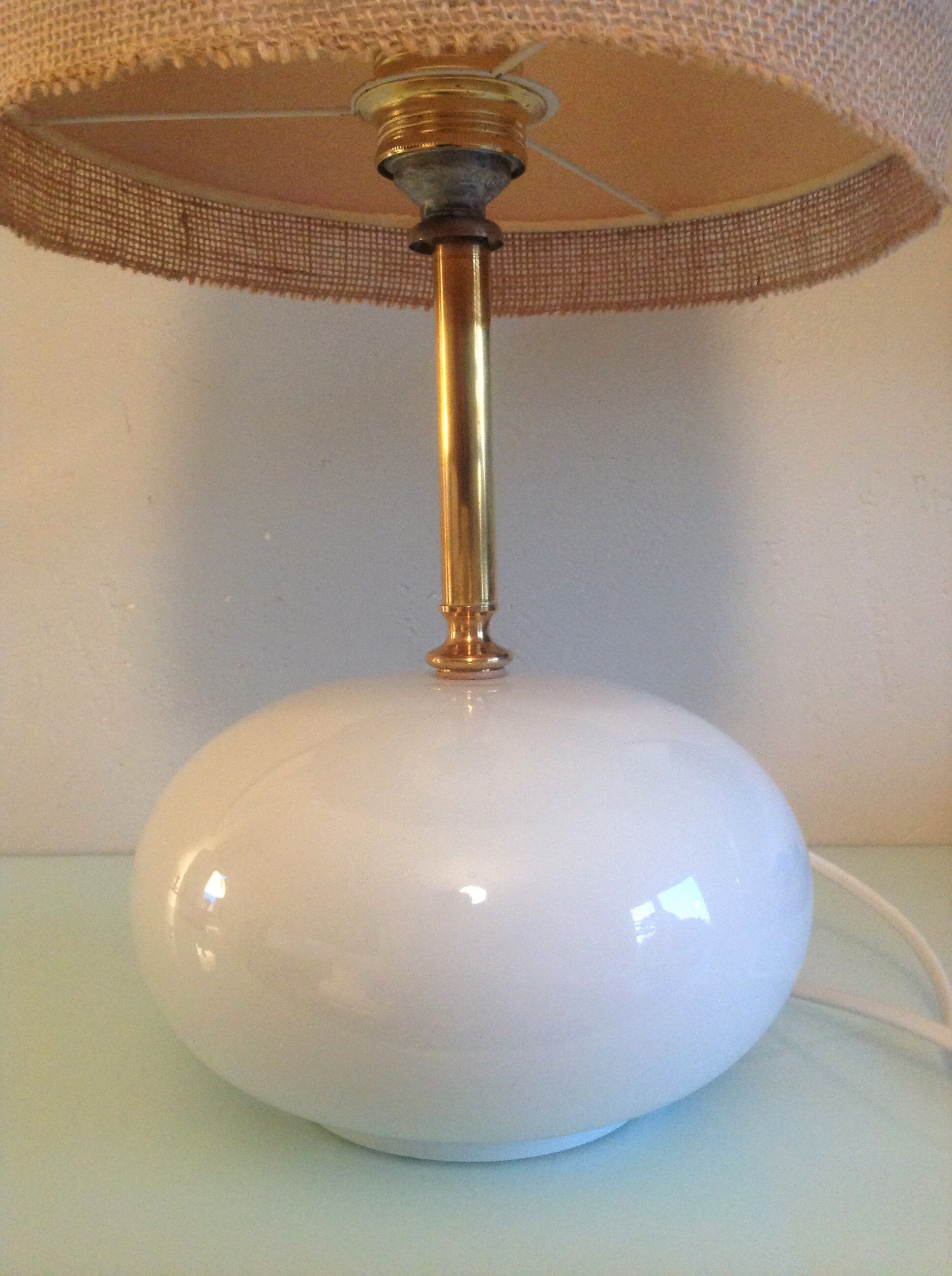 White ceramic ball lamp and beige wool lampshade / 70s