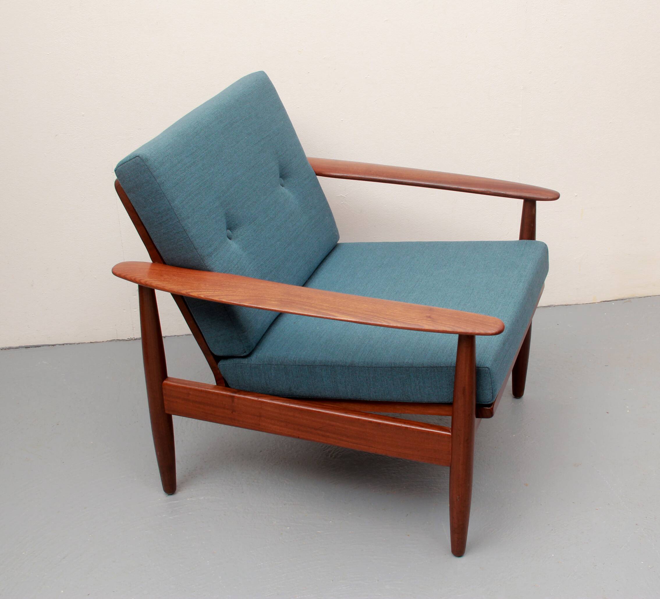 1960s armchair in teak, cushions petrol