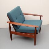1960s armchair in teak, cushions petrol